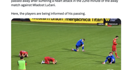 감독 '심장마비 사망' 소식에 양 팀 무릎 꿇고 '오열'... 눈물바다 된 그라운드+경기 취소