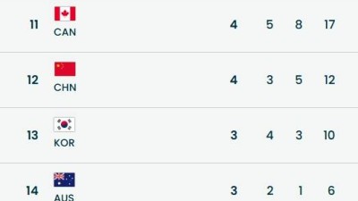 '금3 은4 동3' 한국, 중국 이어 13위… 일본은 10위